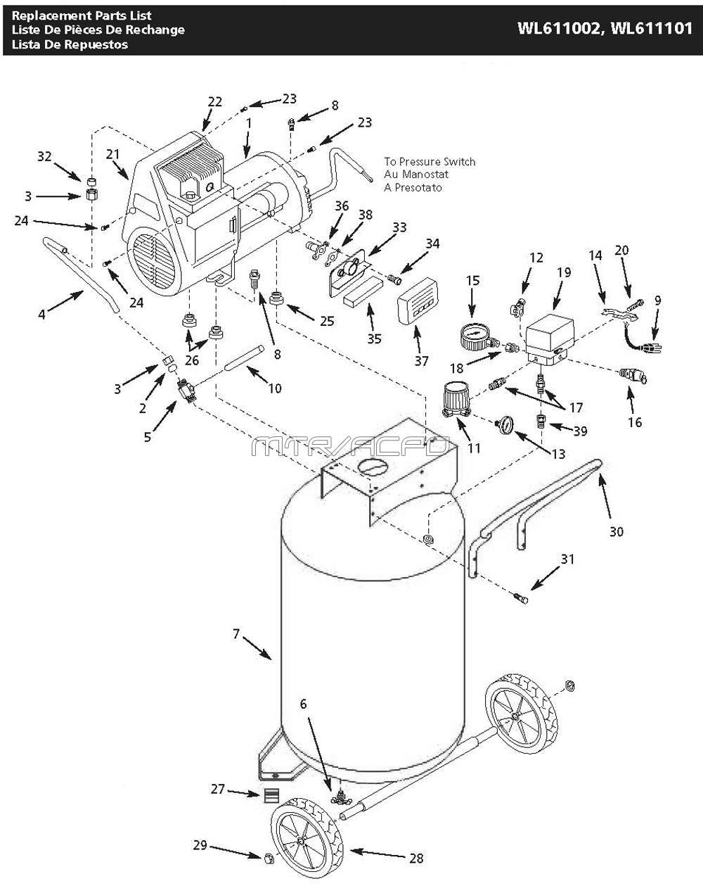 Wl611101aj, Wl611002 Tank Parts Diagram and Parts List for WL611101AJ  Campbell Hausfeld Compressor